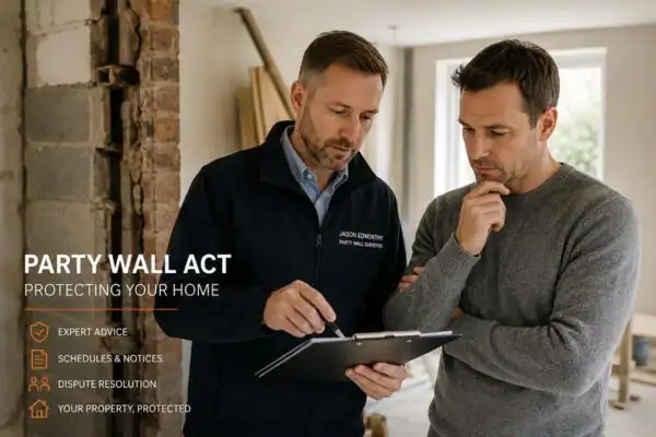 Party wall surveyor Kidderminster discussing extension plans with homeowner outside a UK semi-detached house.